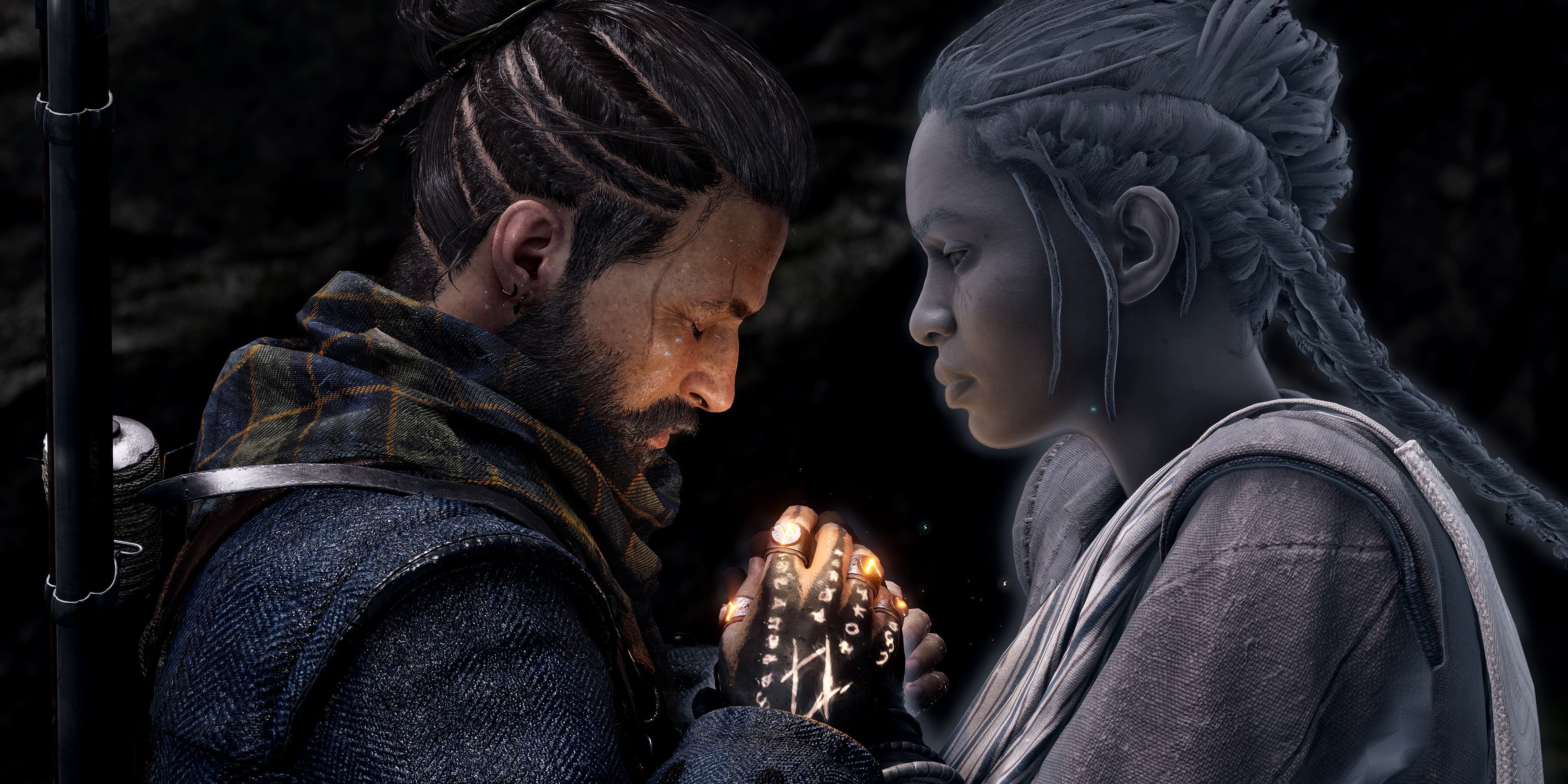 Antea and Red holding hands - Banishers Ghosts of New Eden