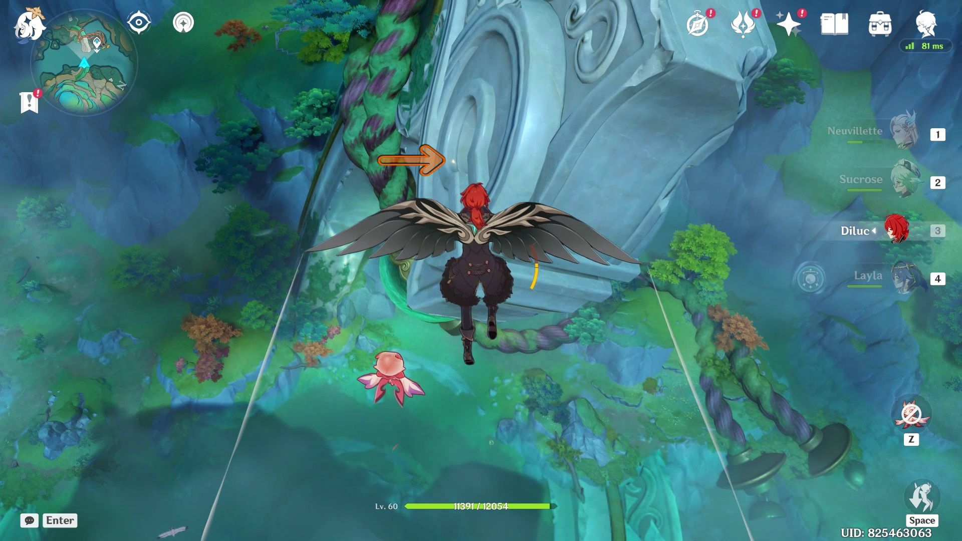 Diluc gliding towards a glowing spot on top of a large relic in Chenyu Vale in Genshin Impact 