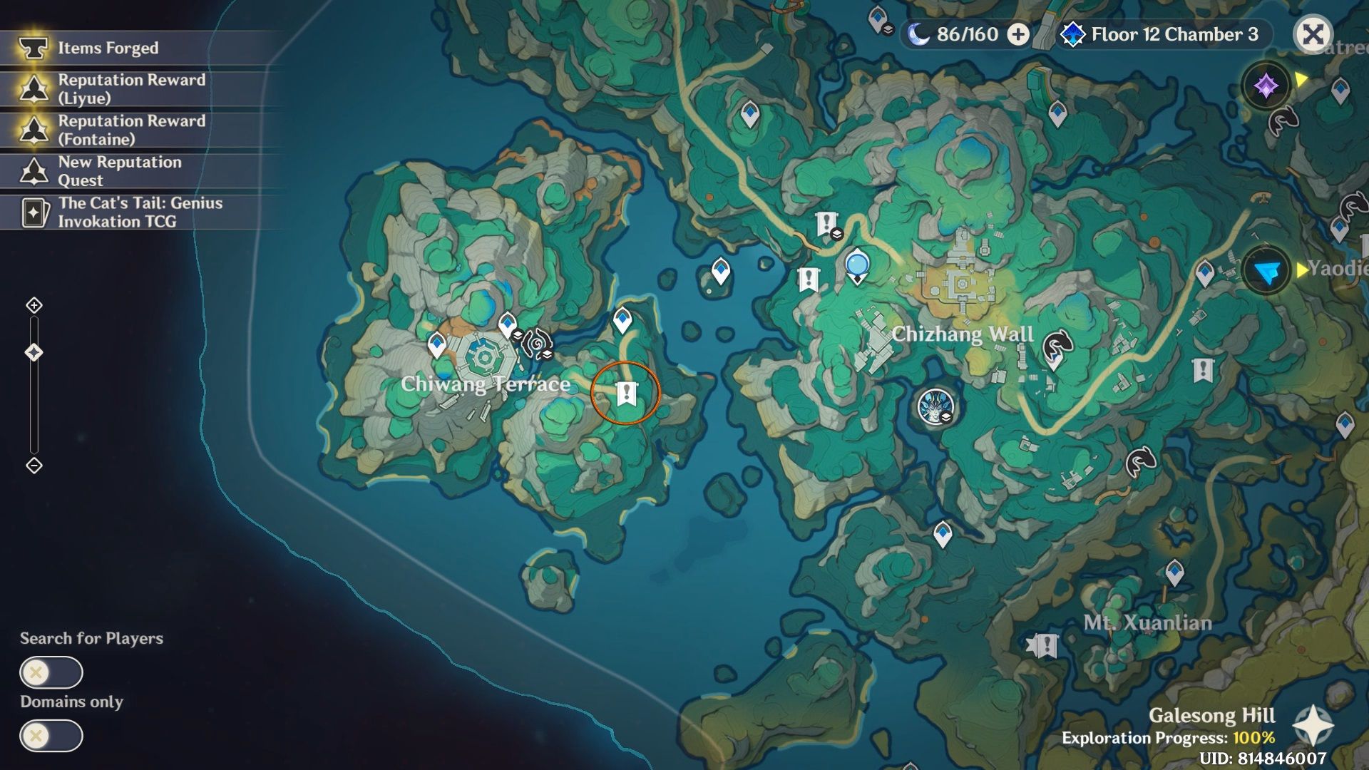 Tevyat World Map showing the location of the sixth Miasma that need to be purified in Chenyu Vale in Genshin Impact