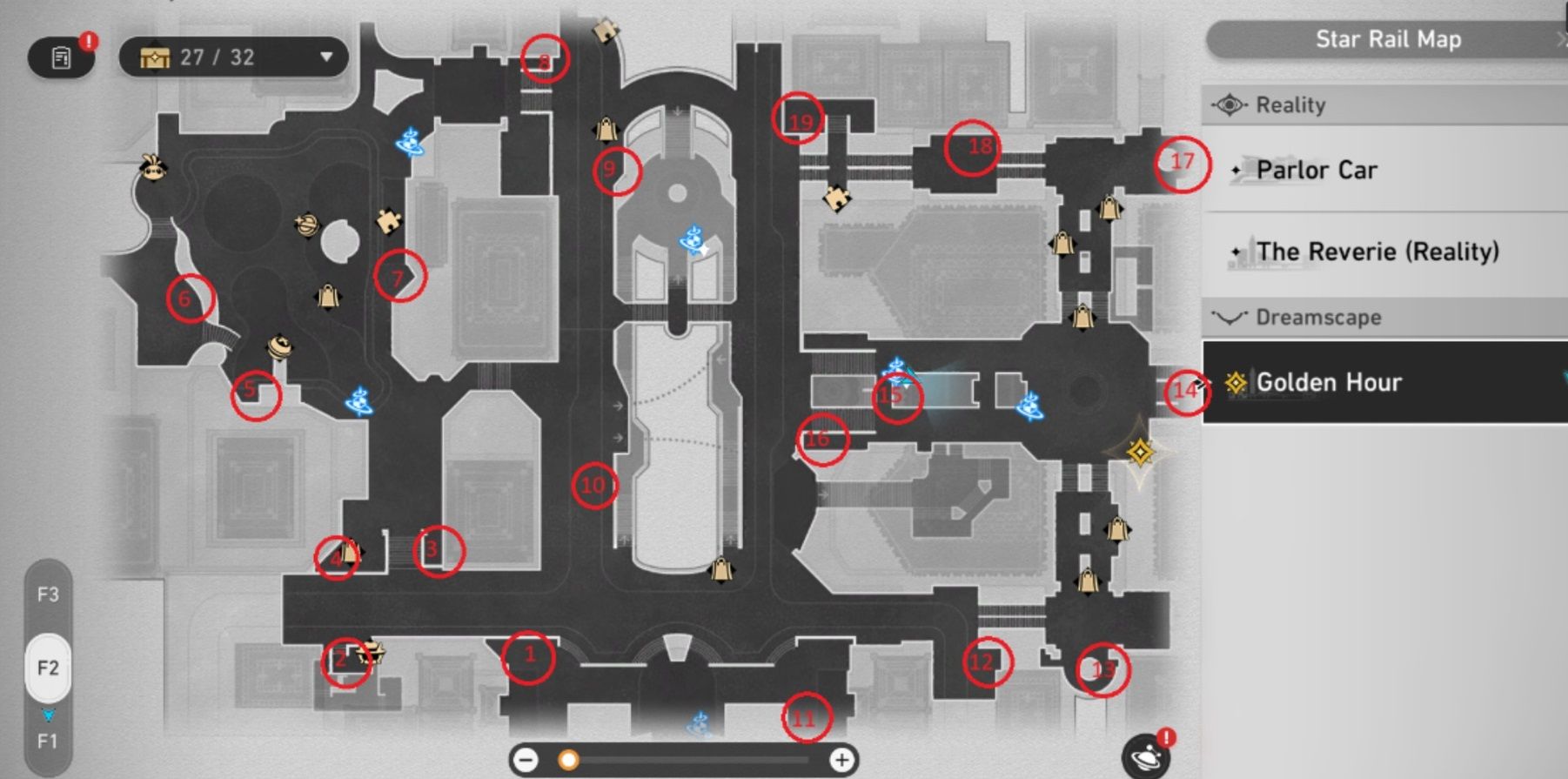 A map of Honkai Star Rail's Golden Hour chest locations.