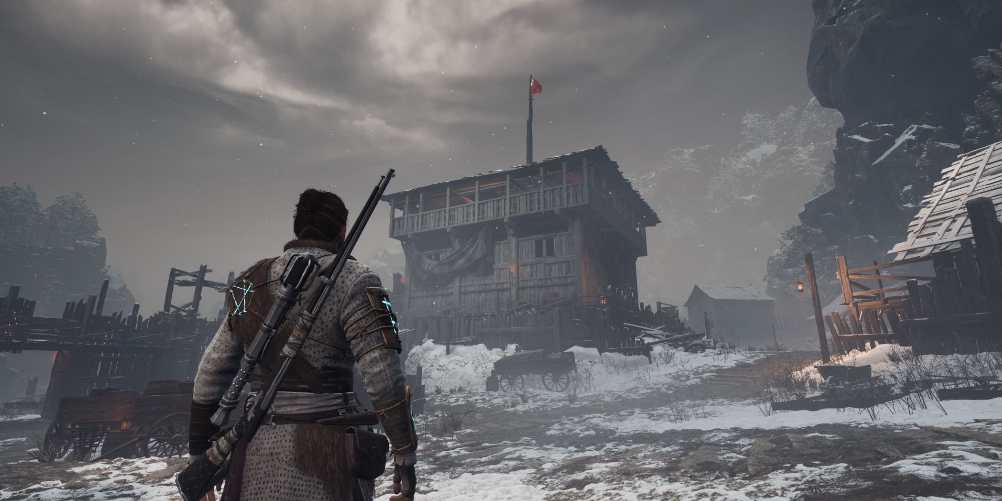 Red is looking at the big central building in Fort Jericho - Banishers Ghosts of New Eden