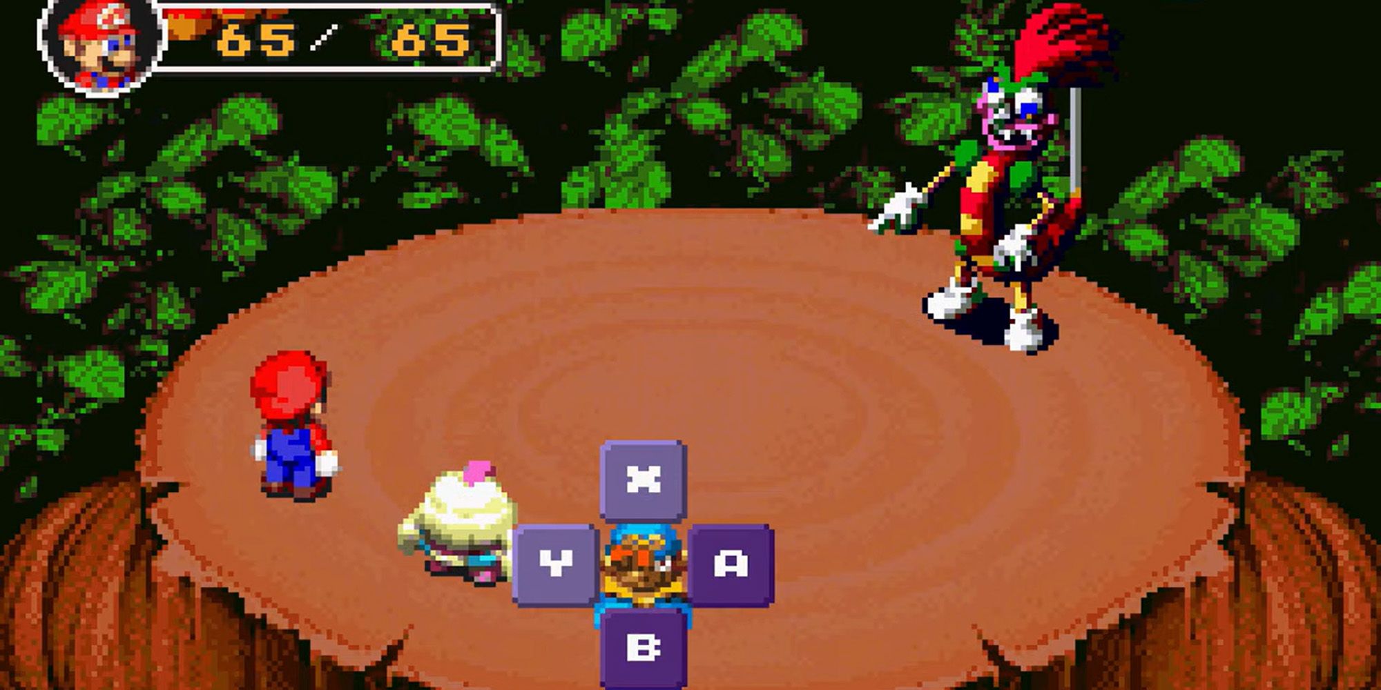 Mario, Mallow, and Geno fighting Bowyer in Super Mario RPG 