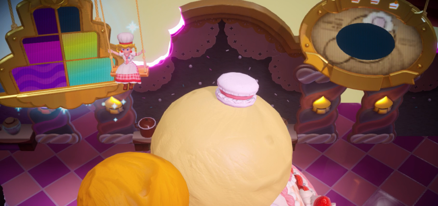 Princess Peach Showtime Peach decorating the layer cake in the dark baker