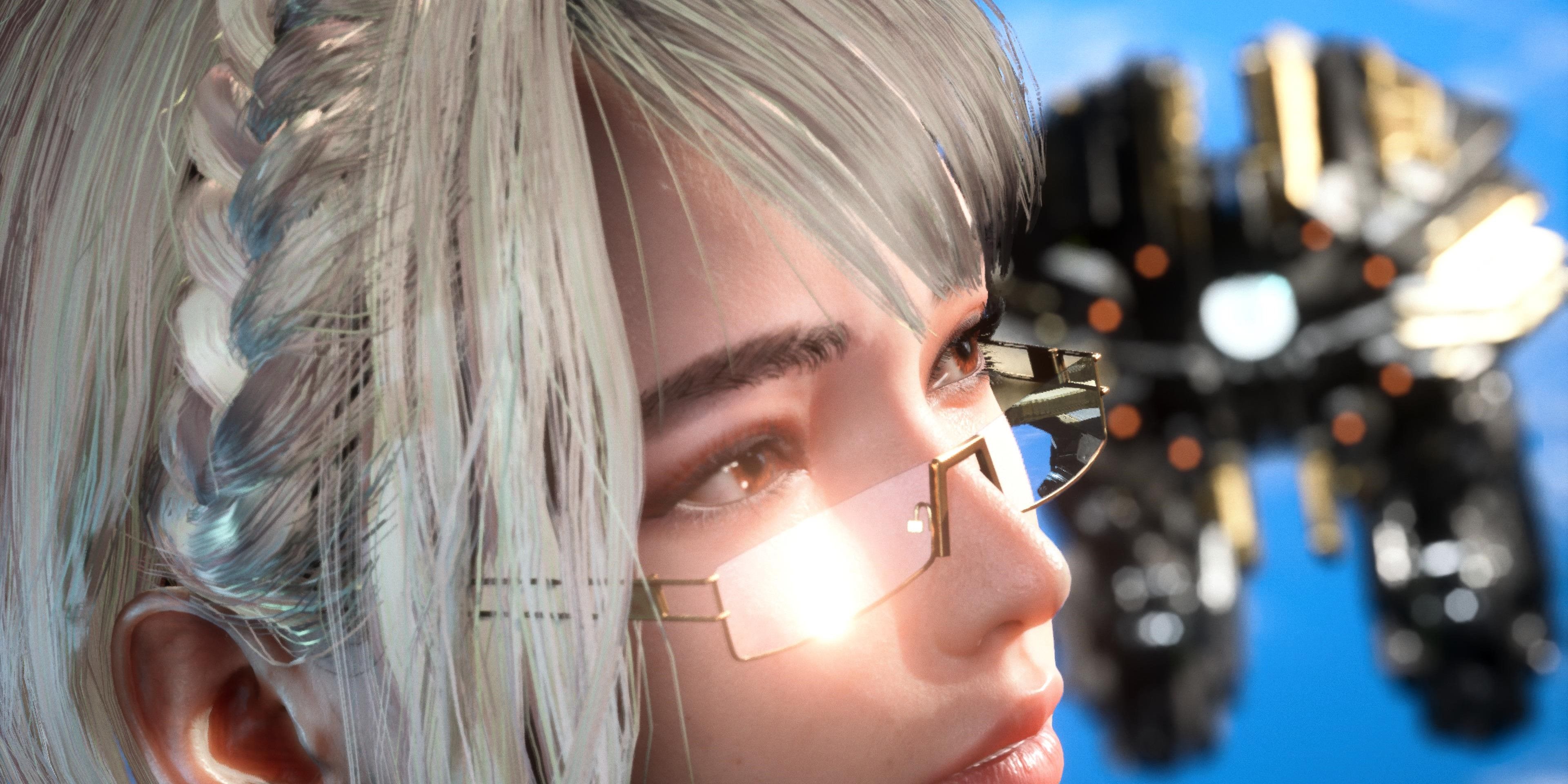 Stellar Blade - A beautiful picture of Eve face from the side and her drone in the background