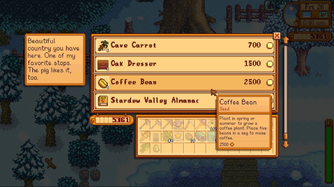 the traveling merchant with a coffee bean in stock stardew valley traveling cart