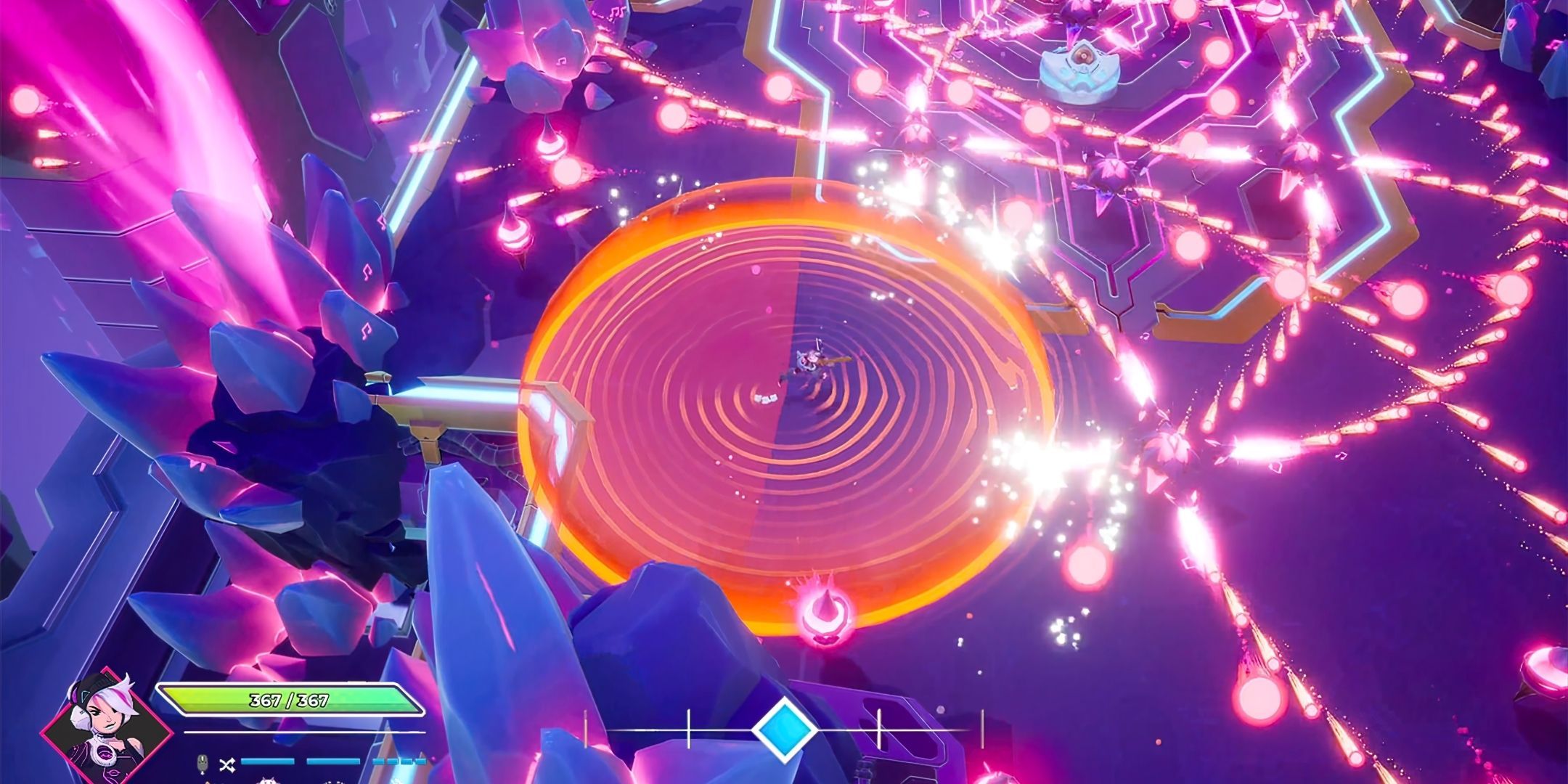 A mostly purple and pink arena, with multiple projectiles flying around in a curvy manner.
