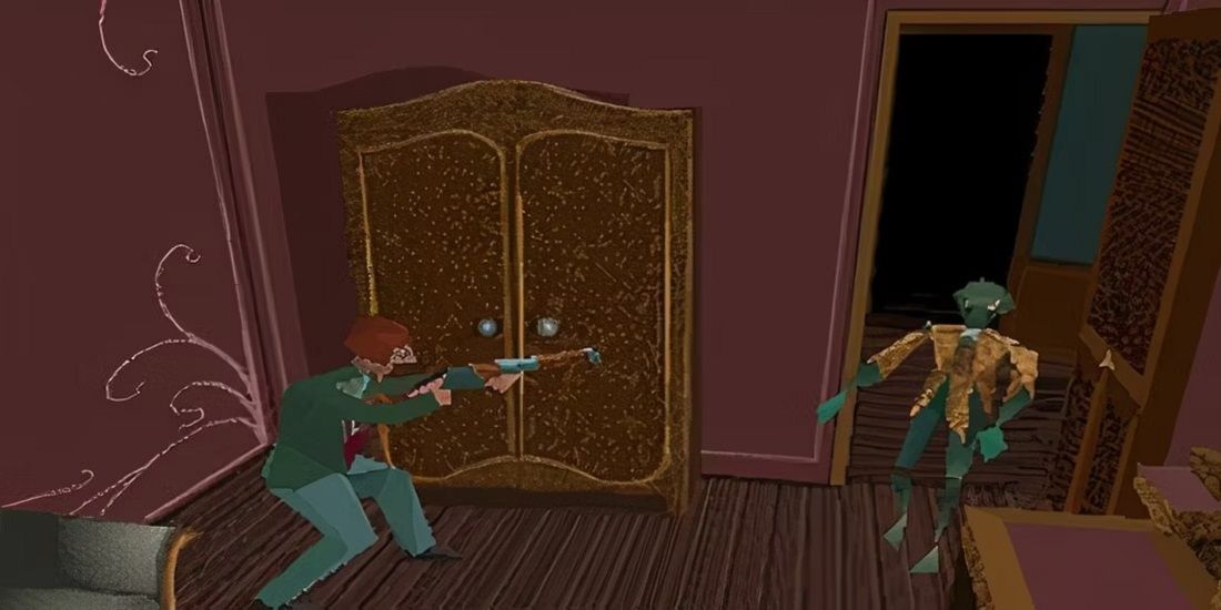 Edward points a shotgun at a zombie in 1992's Alone In The Dark.