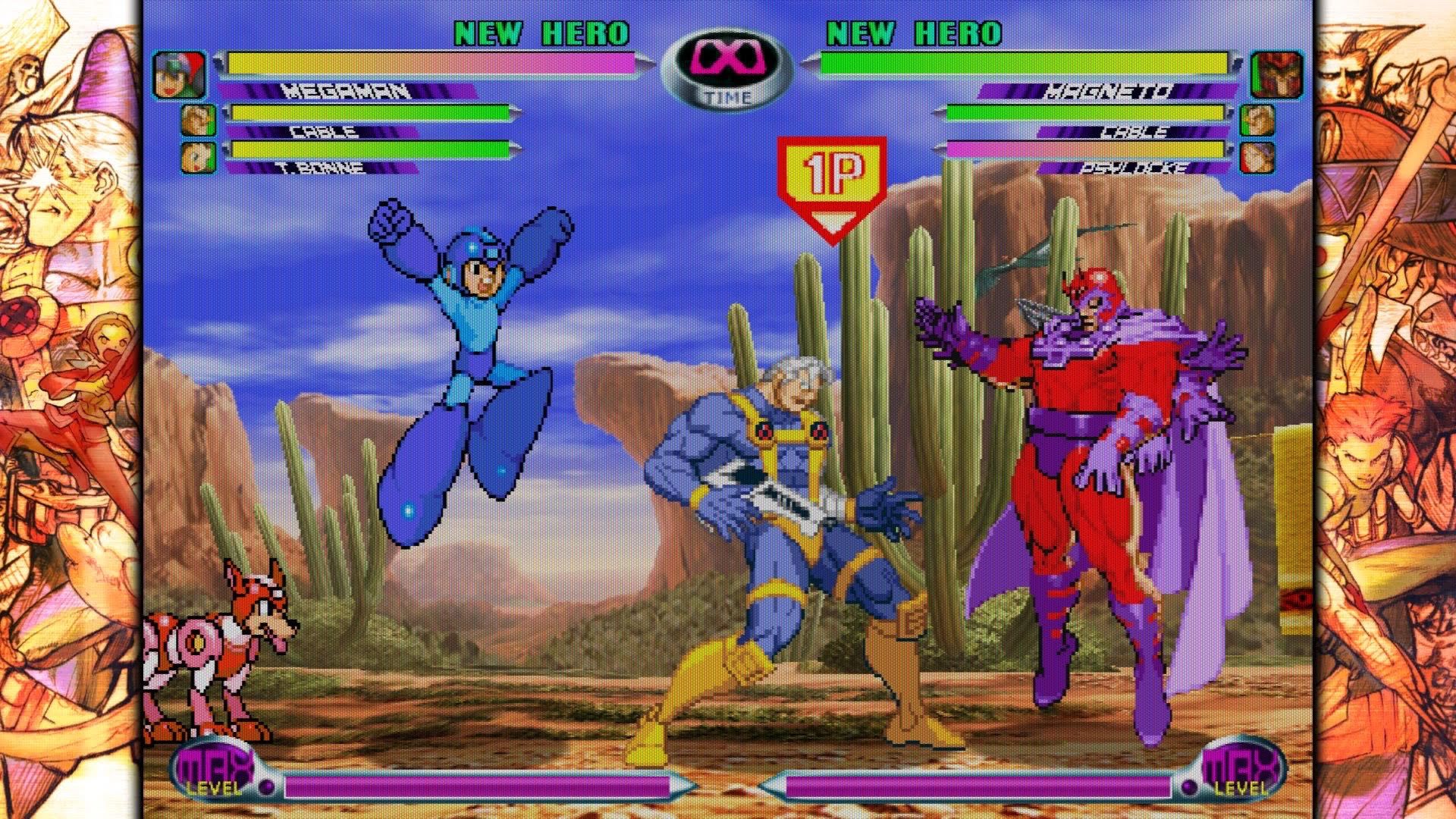 Mega Man jumping while Cable finishes his assist in front of Magneto in Marvel vs. Capcom 2.