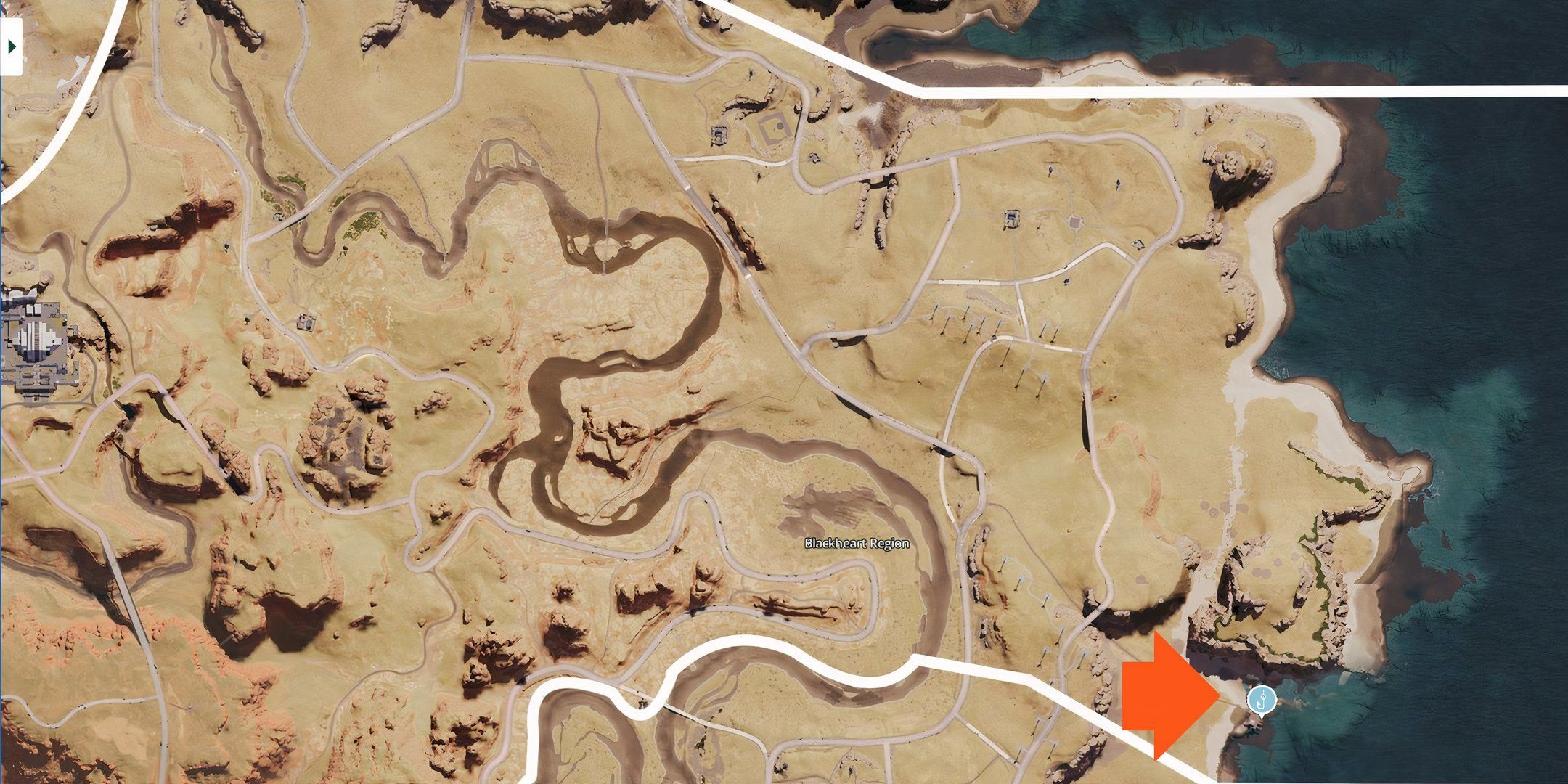 A map of the Blackheart Region, and the pier on the right edge of the map