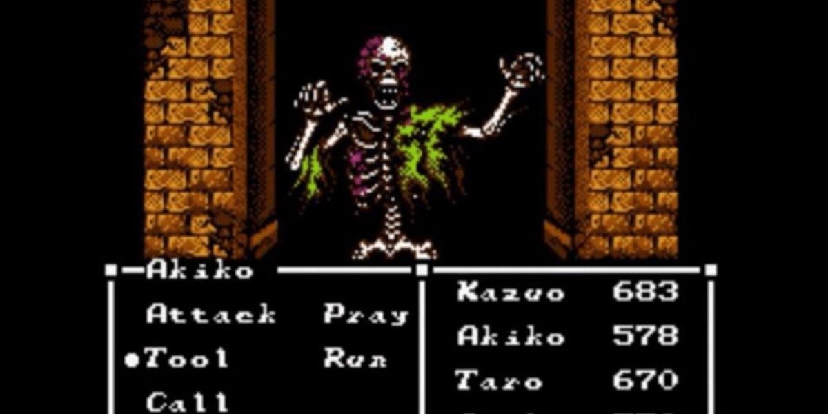 Fighting a skeleton in an RPG battle in Sweet Home.