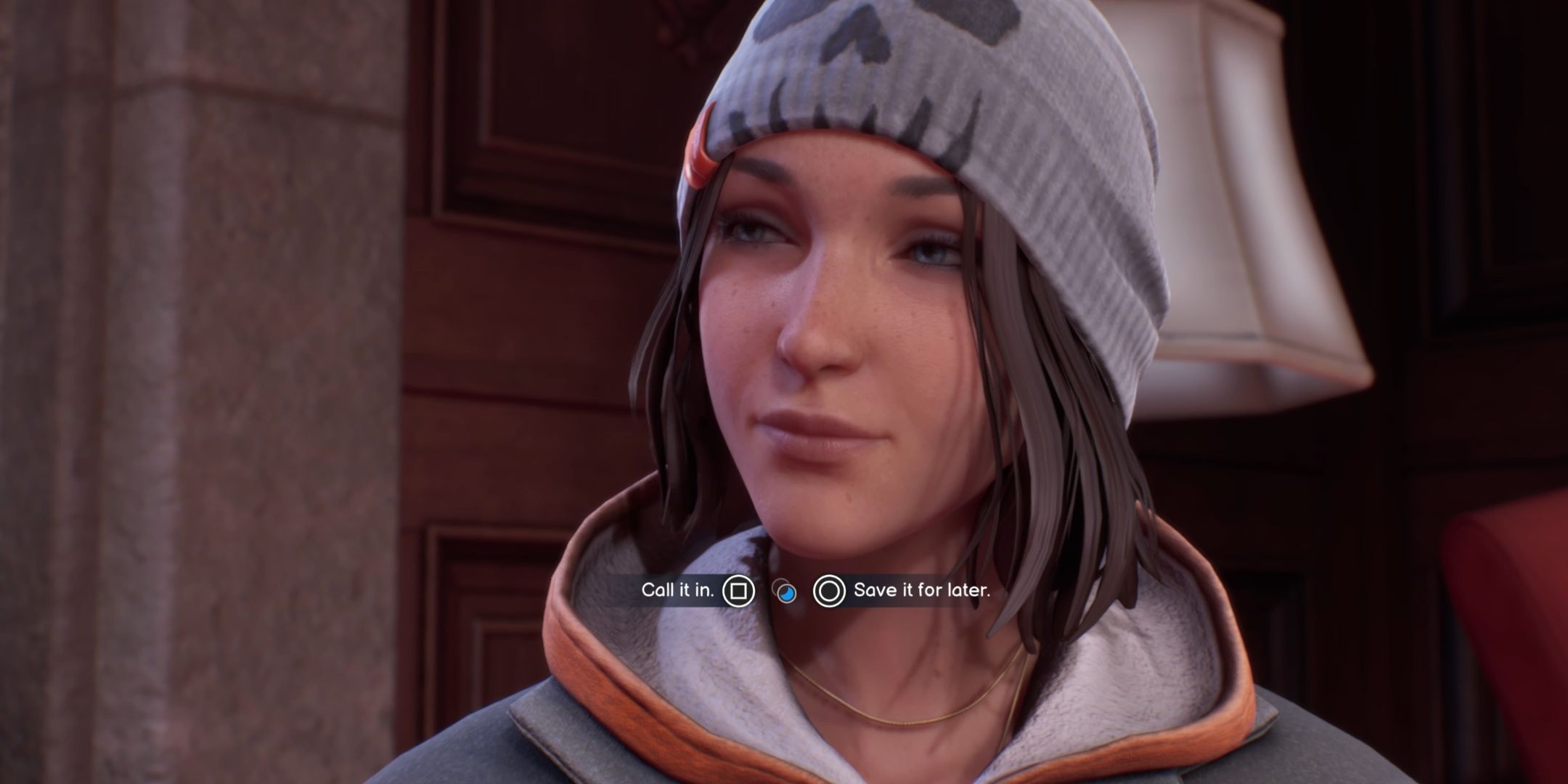 Max Caulfield in a beanie in Life is Strange Double Exposure with the option to Call it in or Save it for Later