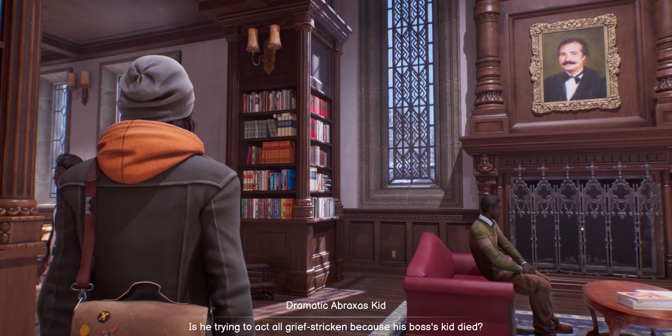Max looking at a bookshelf in the library in Life is Strange Double Exposure