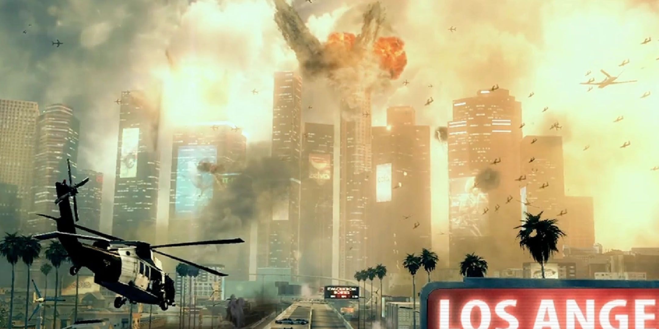 Black Ops 2 screenshot of helicopters flying towards a war torn Los Angeles.