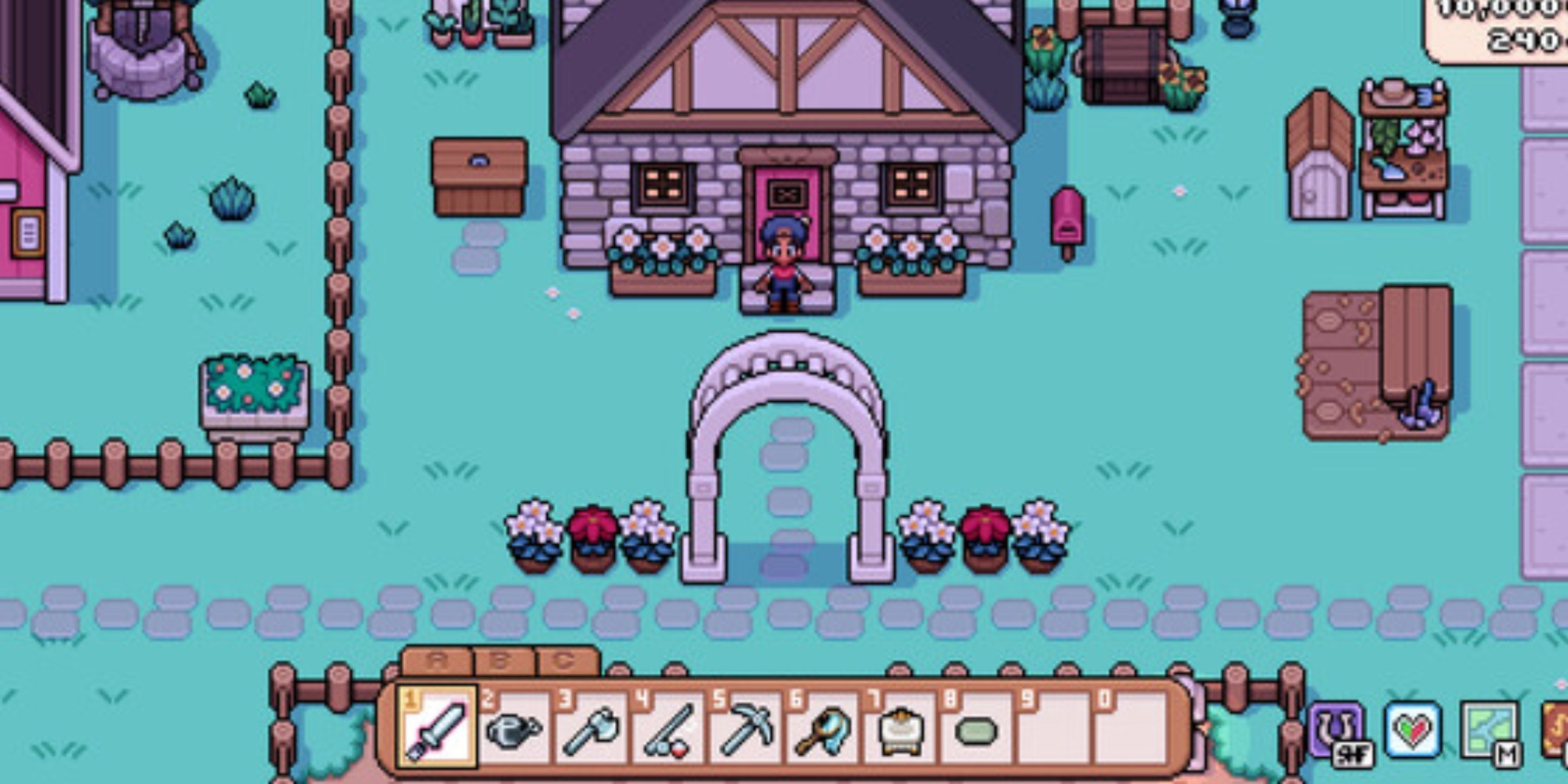A Player Character Outside A House Surrounded By Greenery In Spring In Fields Of Mistria.