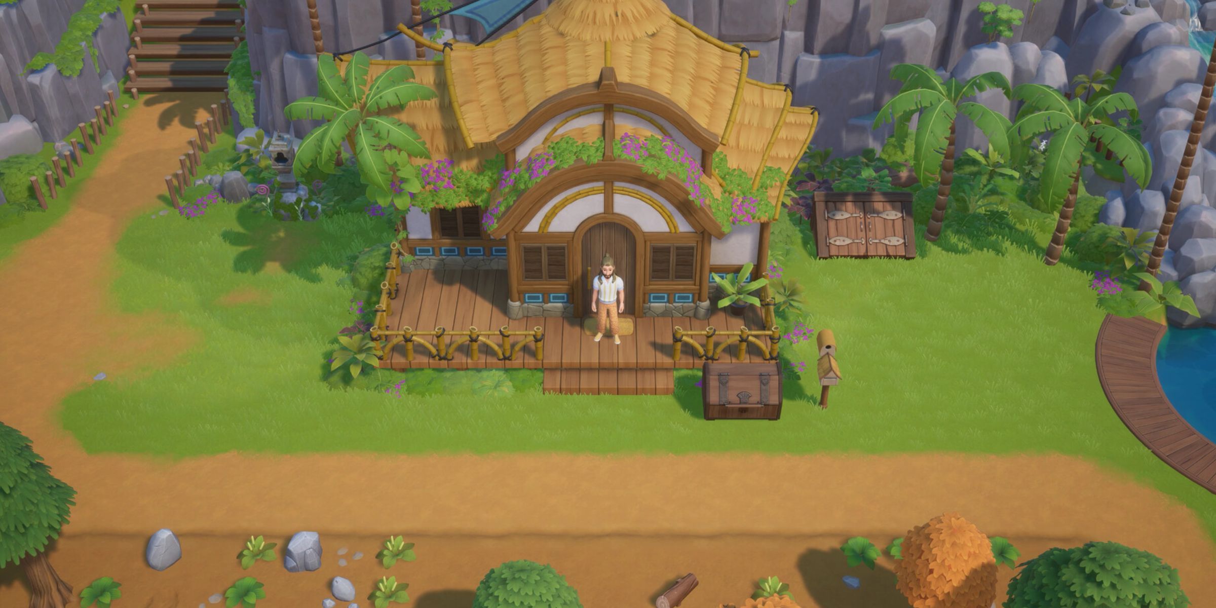 A Player Character Standing Outside Their Home Looking Out To Their Farm In Coral Island.