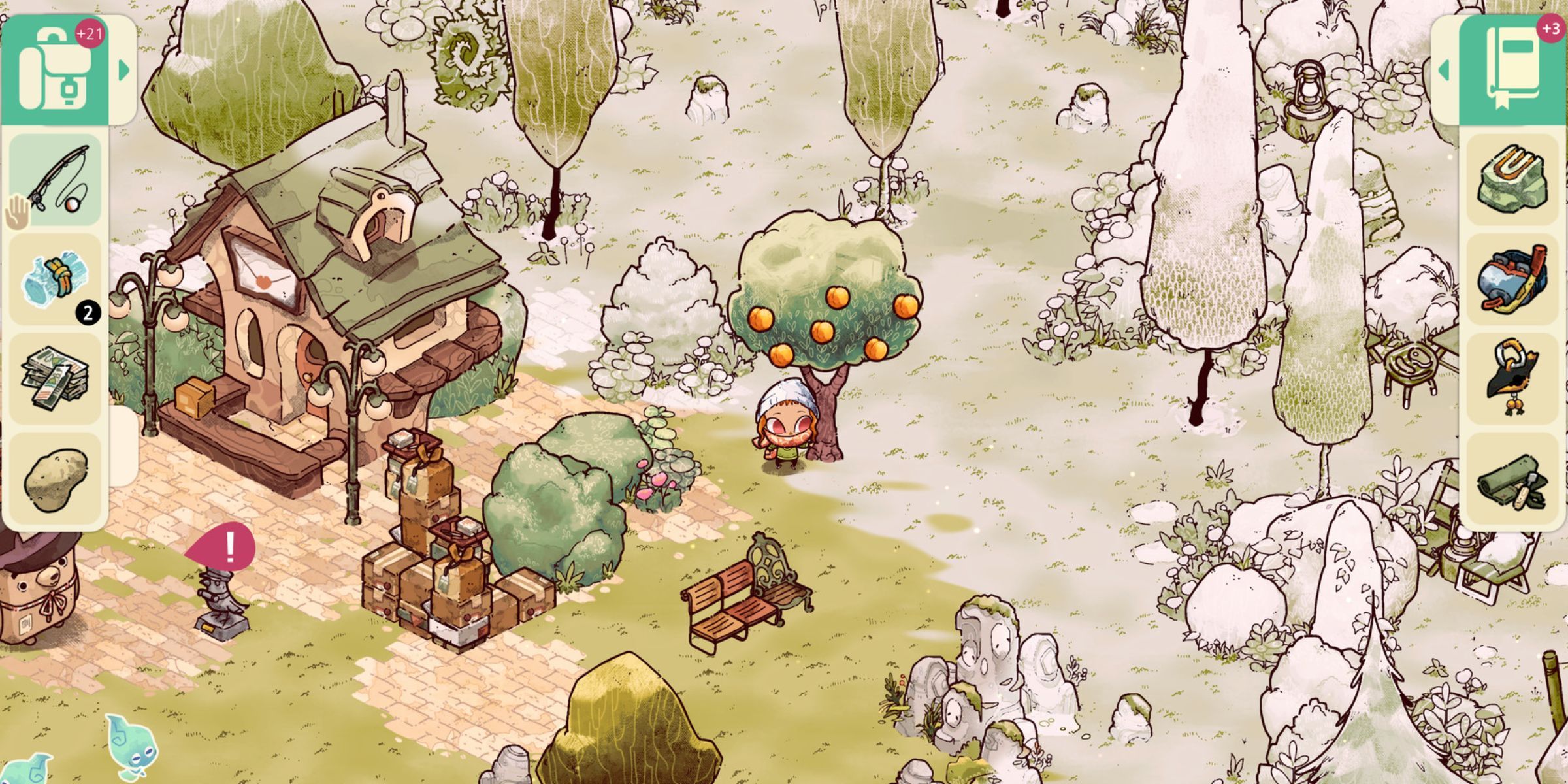 A Small Player Character Nearby An Orange Tree By The Mail Services In A Watercolor Styled World In Cozy Grove.