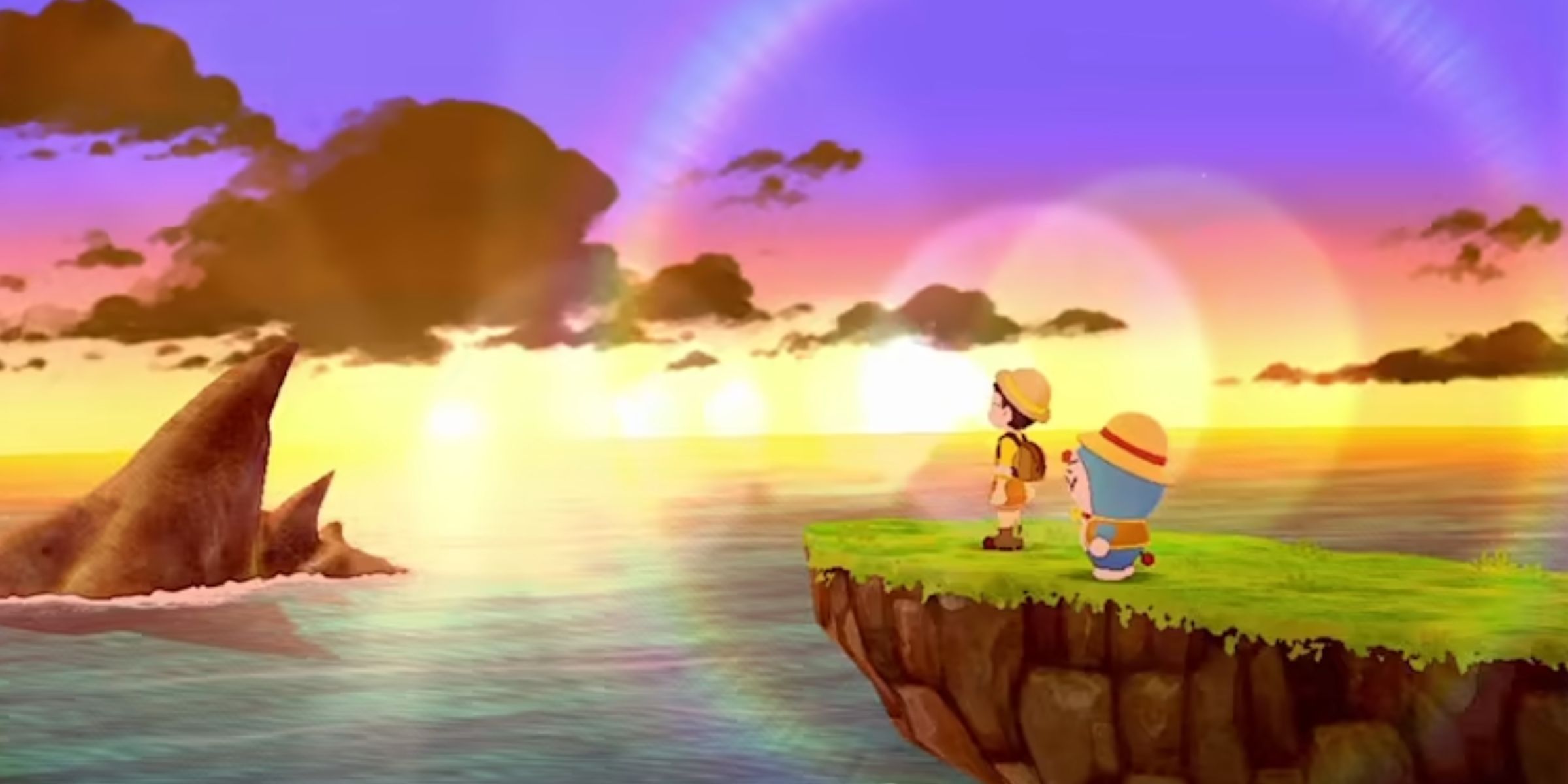 Noby And Doraemon Looking Out Over A Sunset Ocean In Doraemon Story Of Seasons: Friends Of The Great Kingdom.