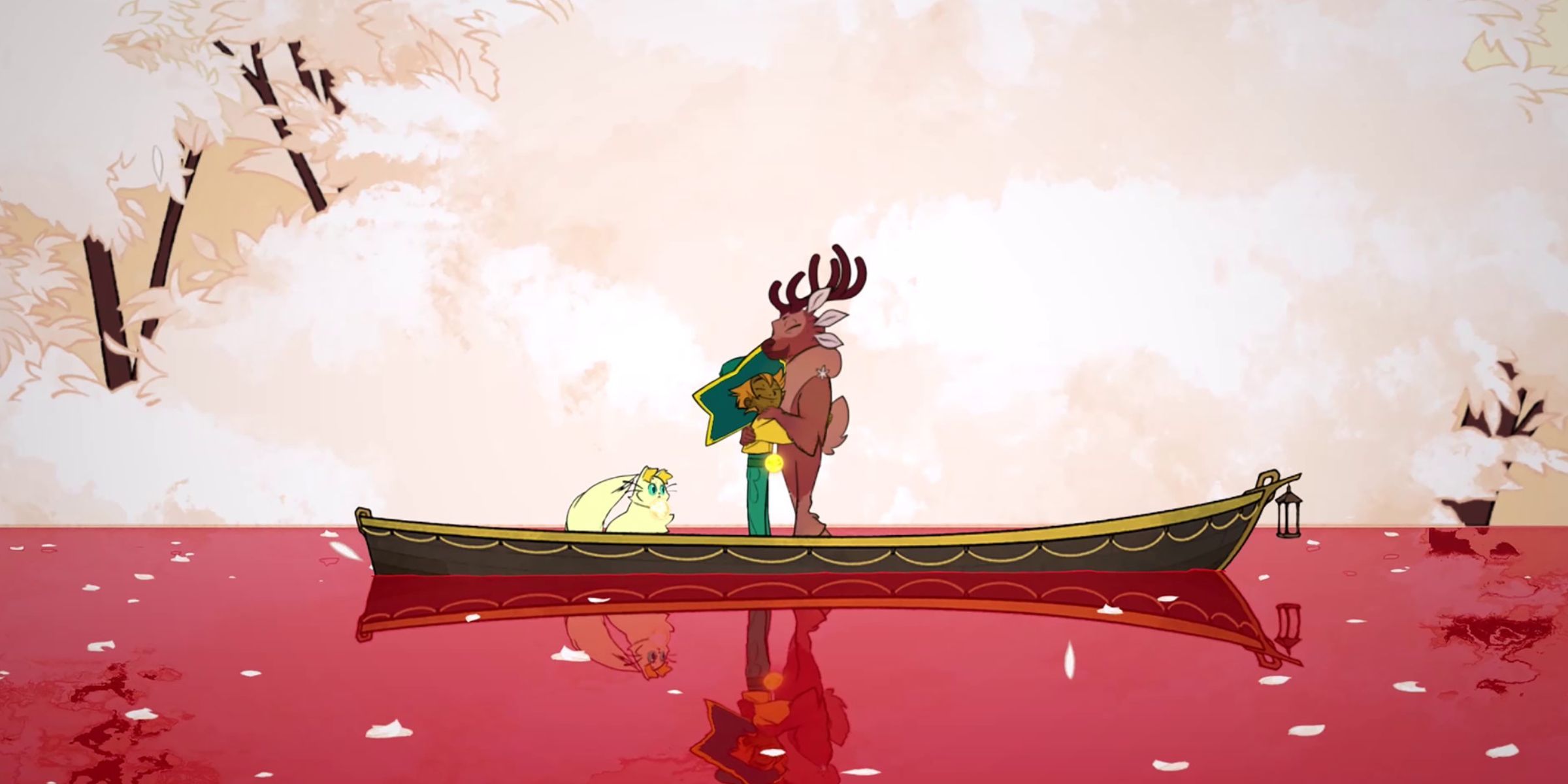 Stella Hugging Gwen Goodbye With Daffodil Watching Them On A Canoe At The Everdoor In Spiritfarer.
