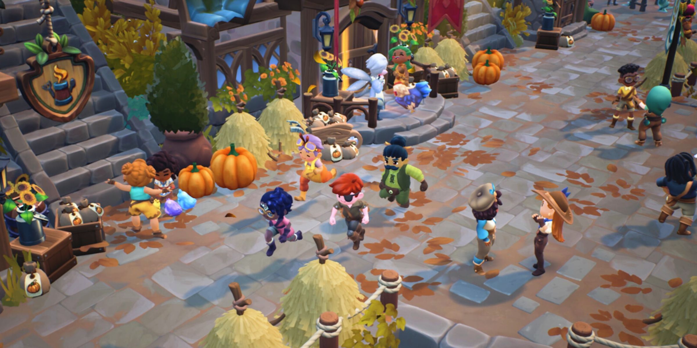 Three Players Running Through A Busy Fae Village Decorated With Pumpkins In Fae Farm.