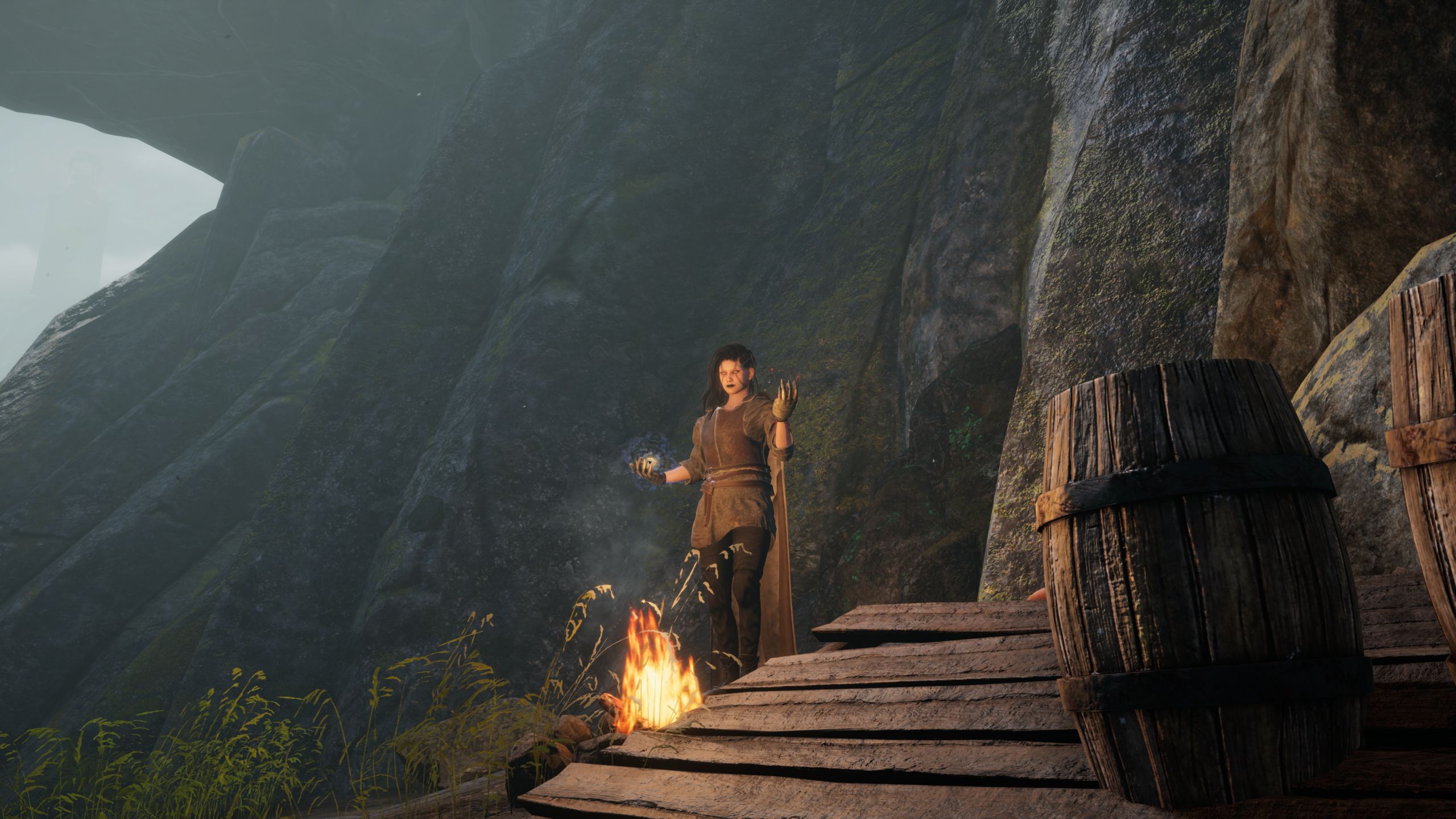 The main character standing besides a bonfire in Tainted Grail: The Fall Of Avalon.