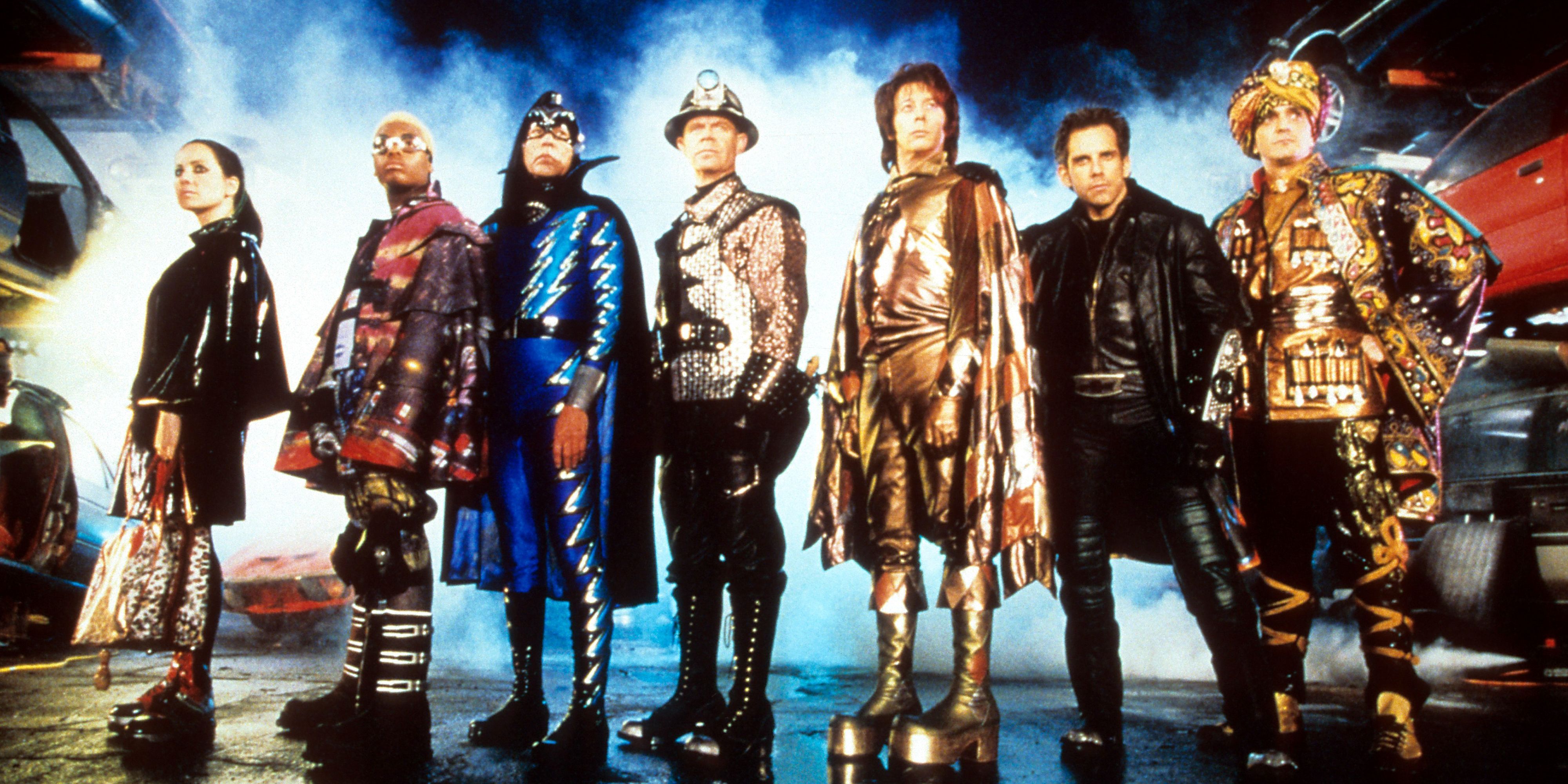 The full lineup of the Mystery Men heroes in their sparkly costumes