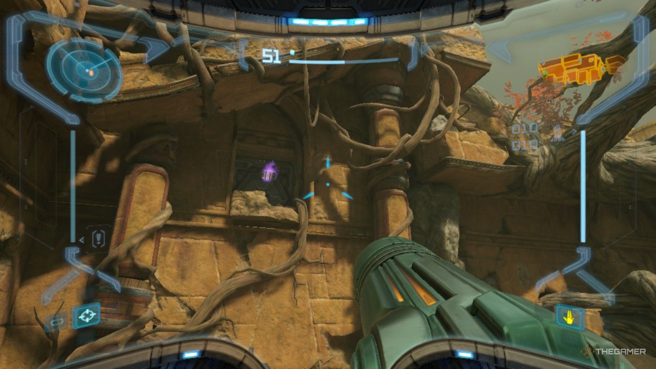 Samus views the torturously out of reach Energy Tank in the Main Plaza.