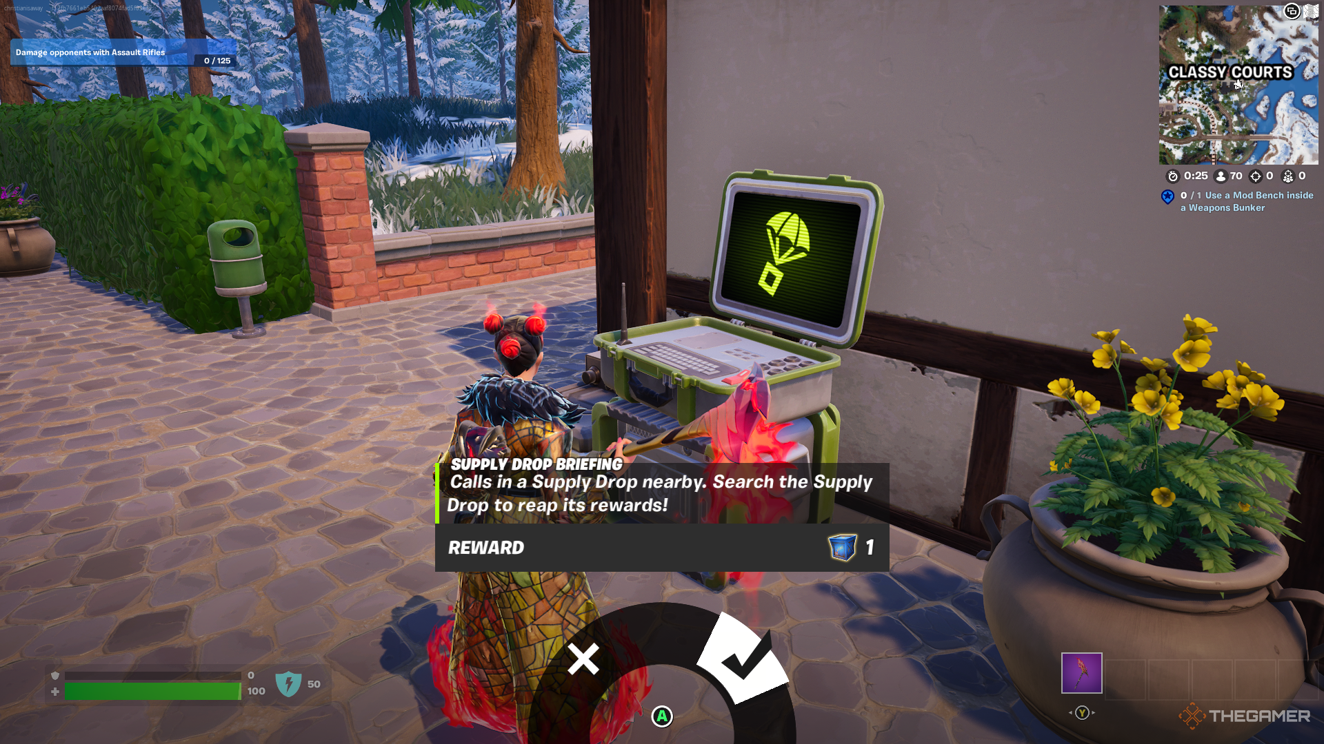 A screenshot from Fortnite showing the player character as Valeria standing near a terminal with a holographic Supply Drop symbol on it. Text reads 'Call in a Supply Drop nearby. Search the Supply Drop to reap its rewards.