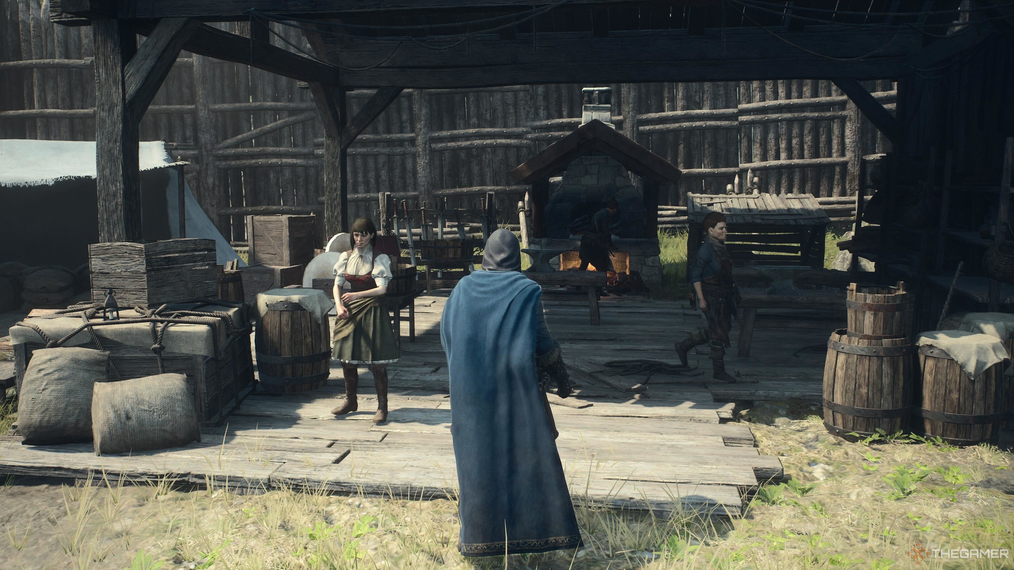 A screenshot from Dragon's Dogma 2 showing the player character in the Borderwatch shop with a forge nearby.