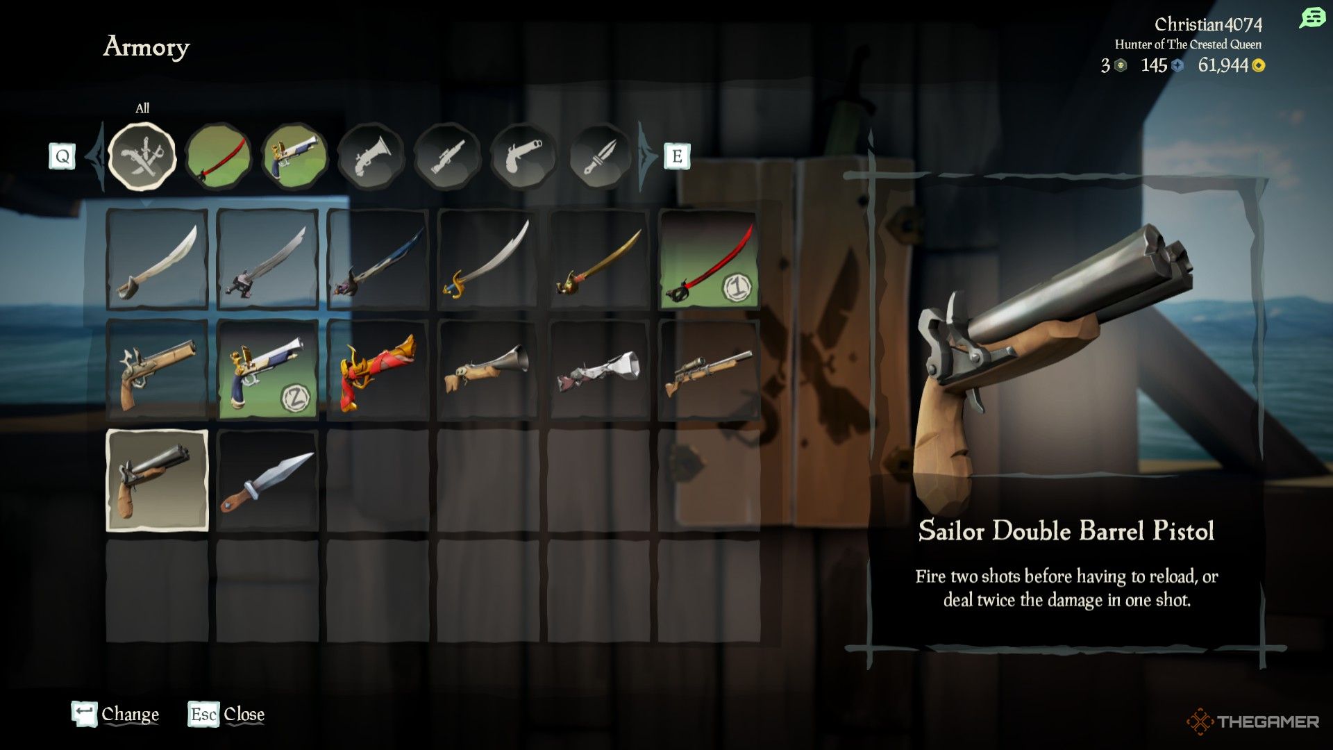 A screenshot from Sea of Thieves showing the Armory on the ship, with the 'Sailor Double Barrel Pistol' selected.