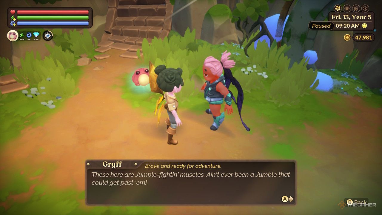 Gryff talking about his muscles in Fae Farm Skies of Azoria