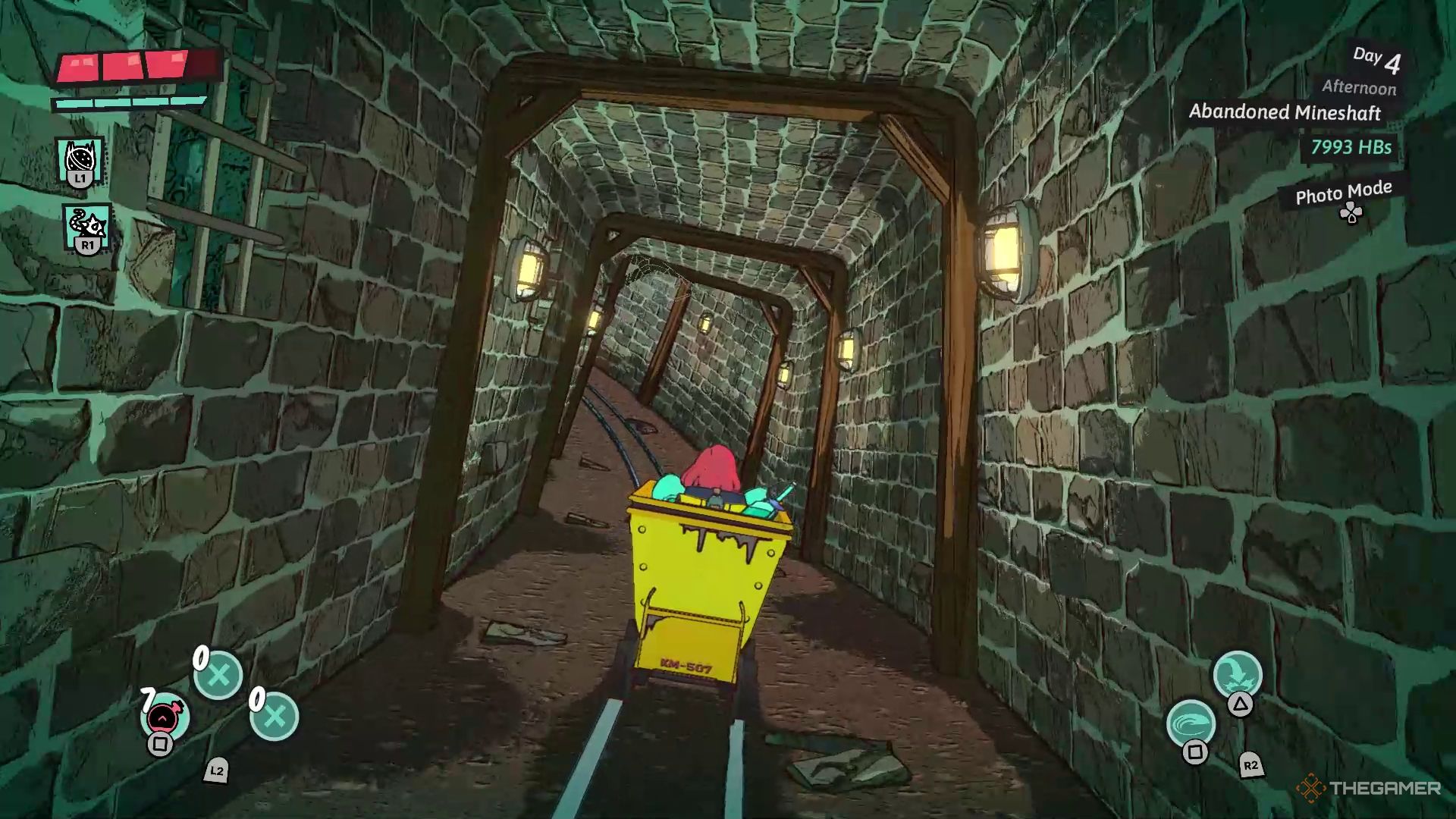 Luisa riding a yellow minecart in a tunnel in Dungeons of Hinterberg.