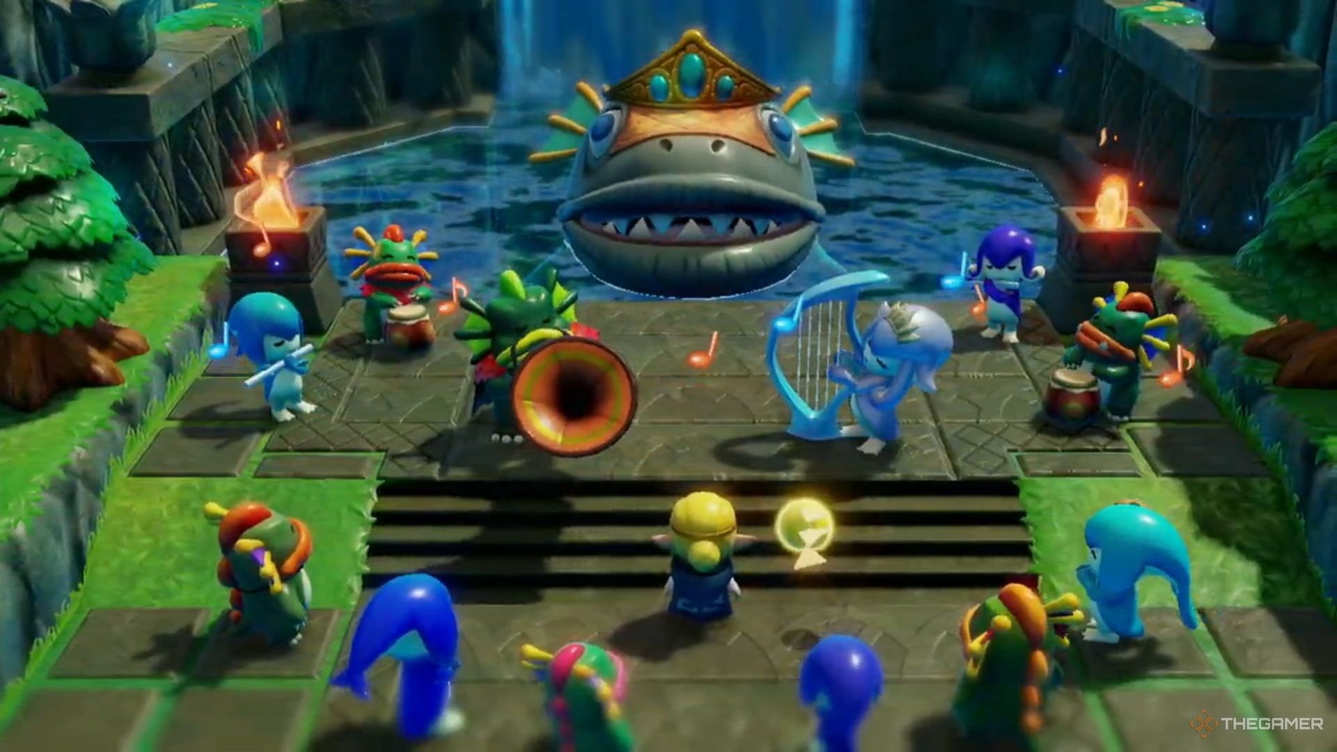 Zelda celebrating with the Zora in Jabul Waters.
