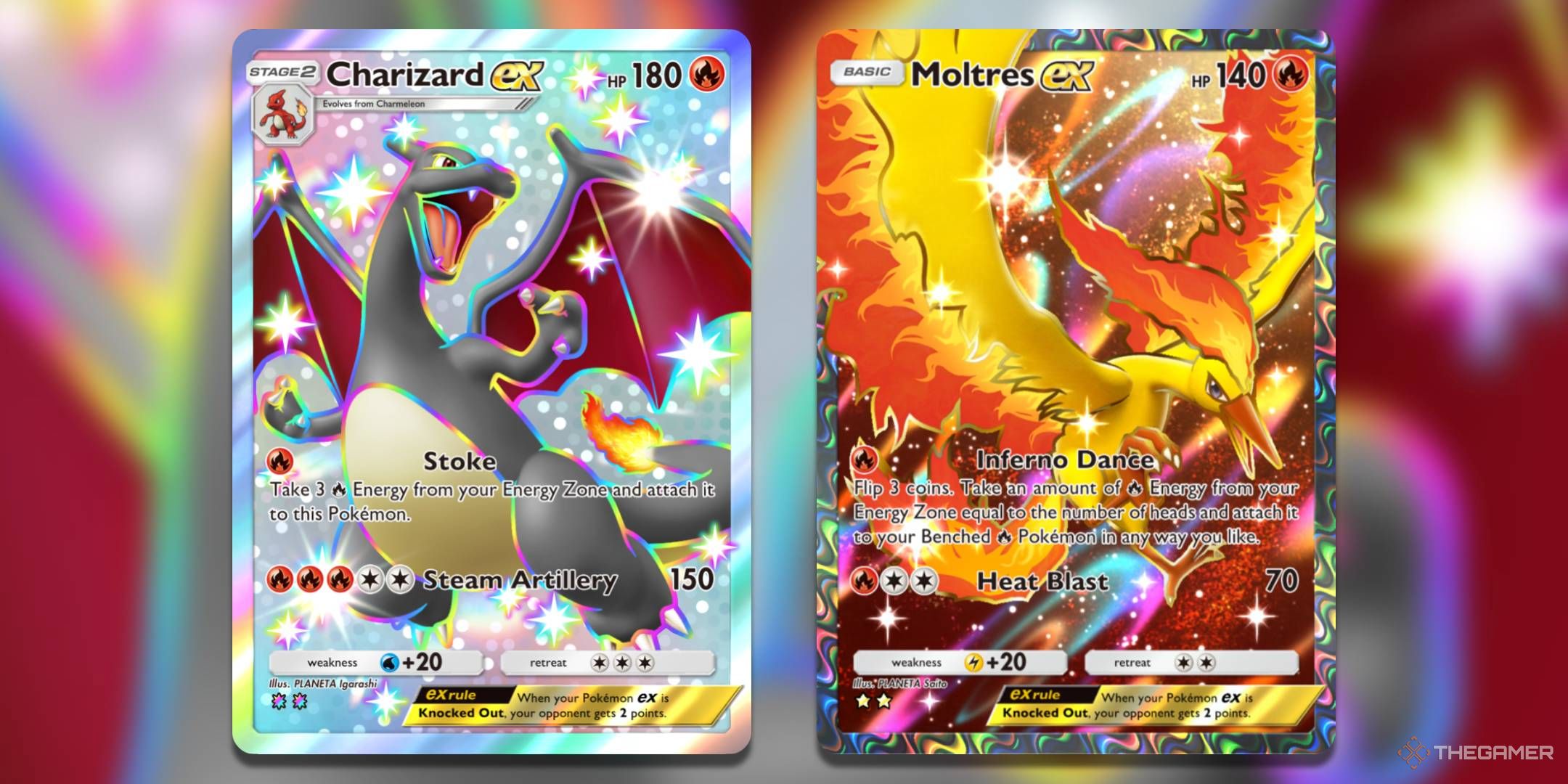 The Charizard ex card from Shining Revelry and the Moltres ex card from Genetic Apex.