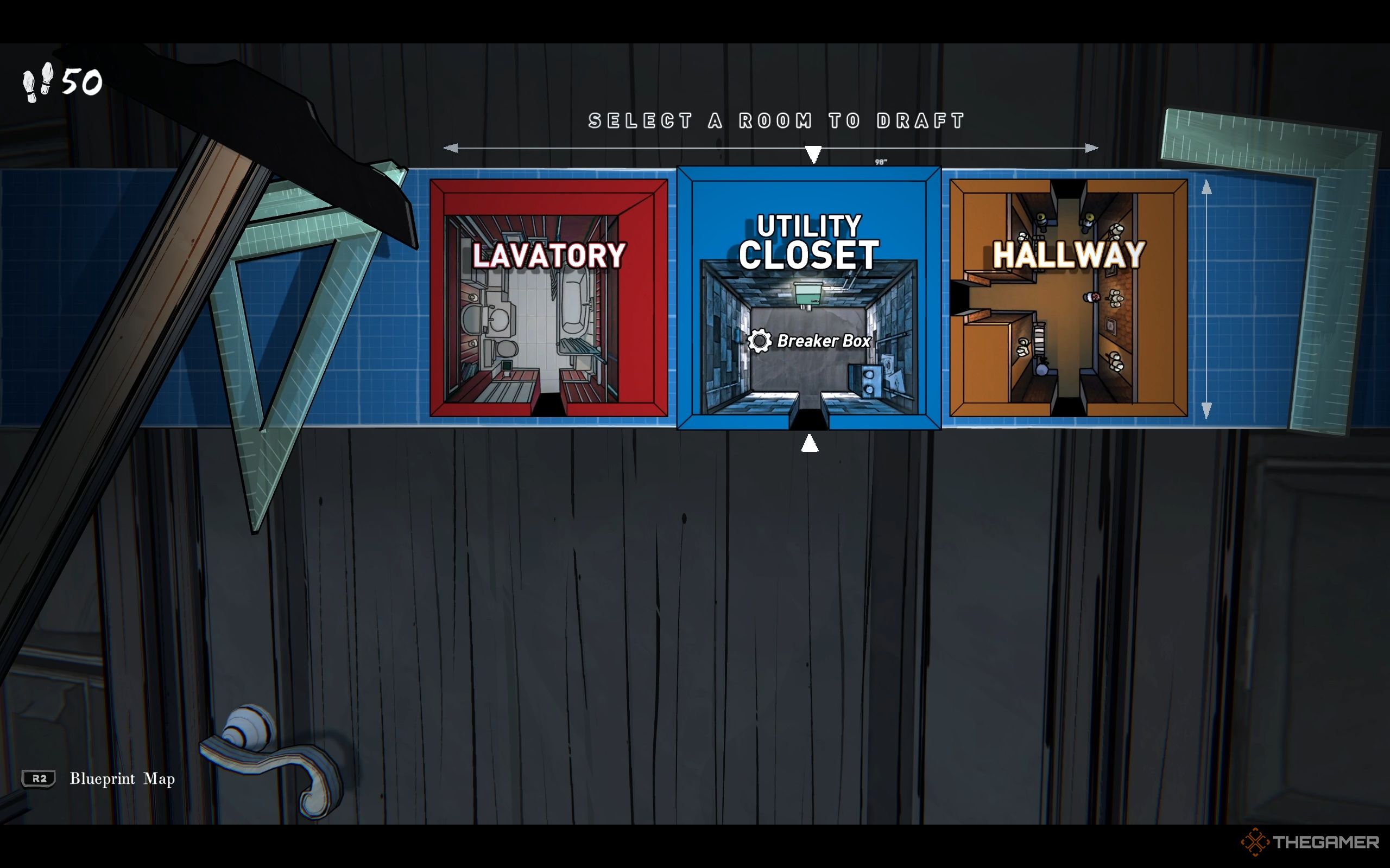 Three rooms on the blueprints: Lavatory, Utility Closet, and Hallway.