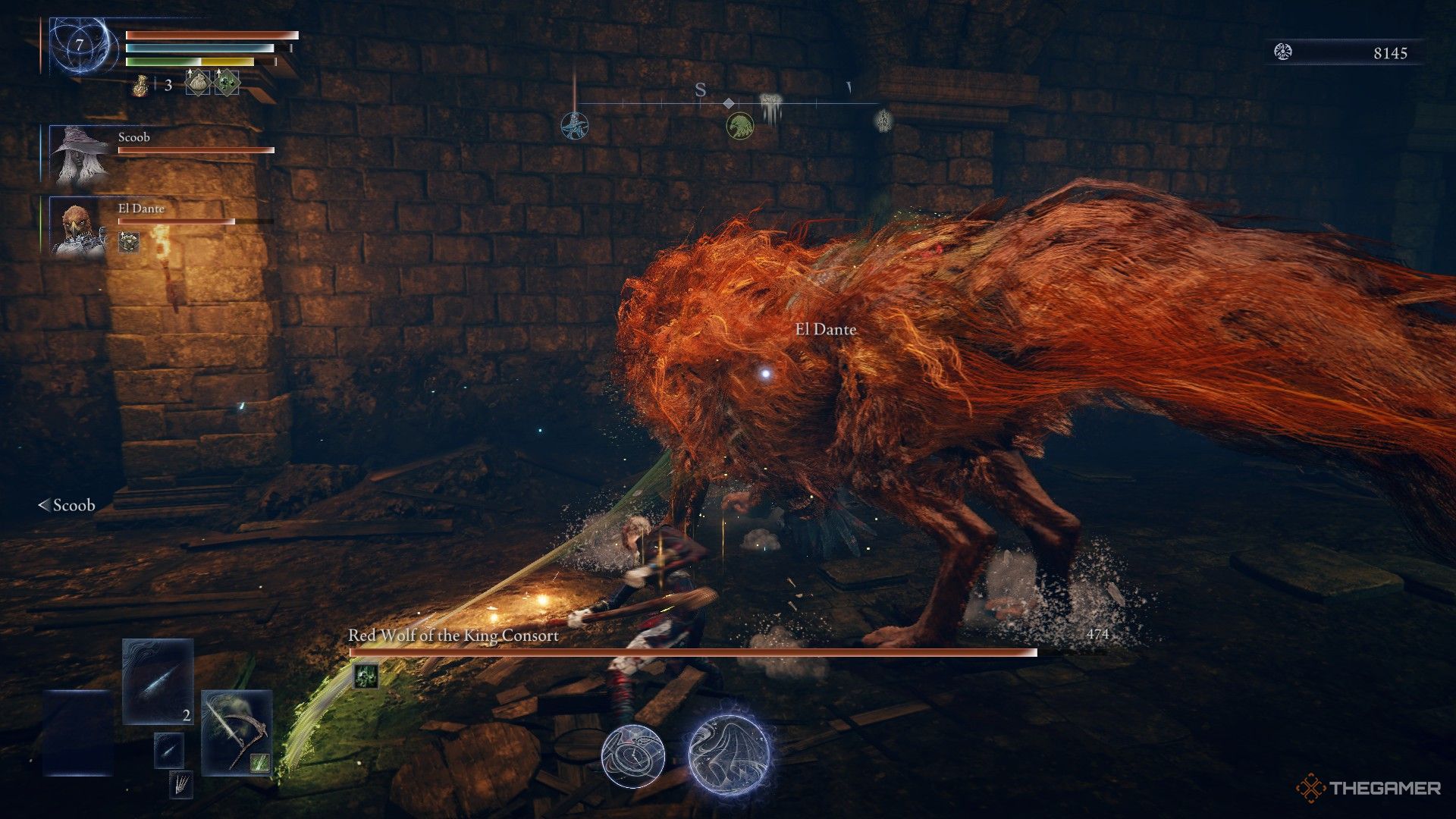 Duchess uses a poison grave scythe on the Red Wolf boss in Elden Ring Nightreign.