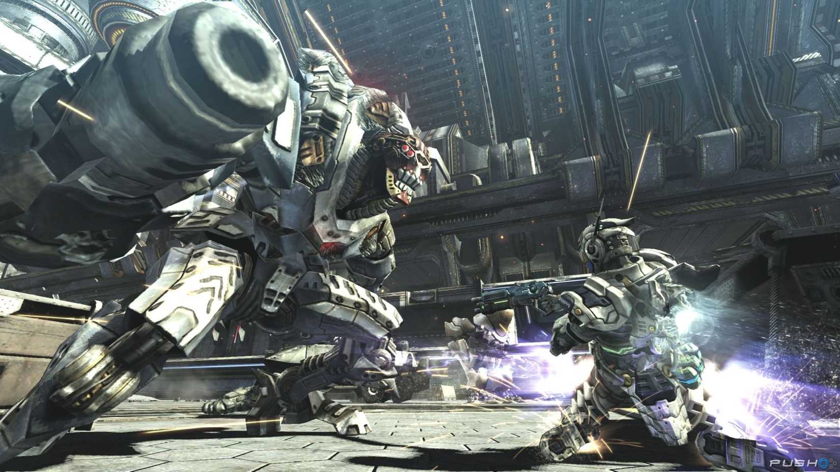 Character from Vanquish sliding on his knees, attacking to a big creature.