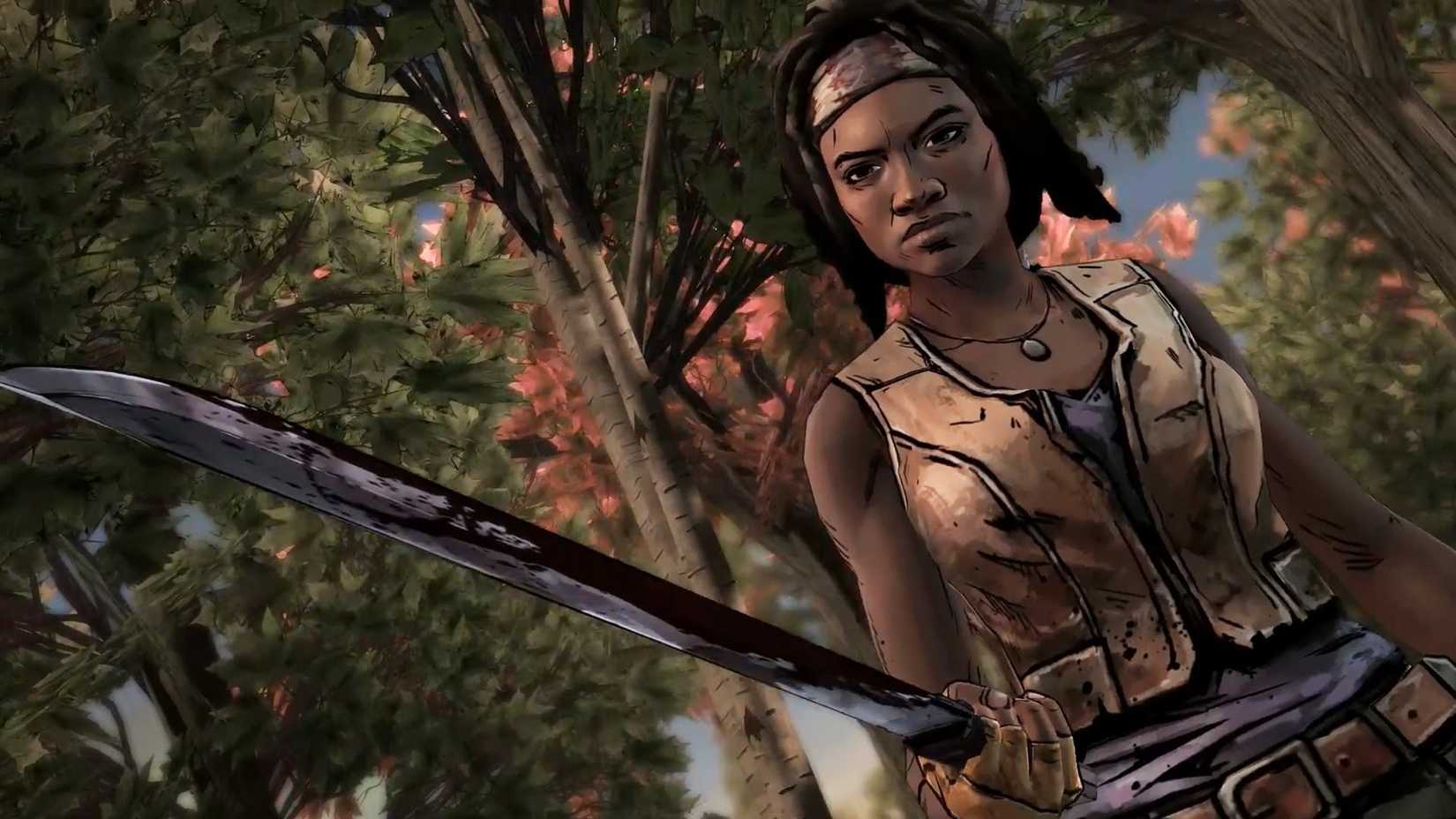Michonne holding a sword in TellTale's The Walking Dead: Michonne.