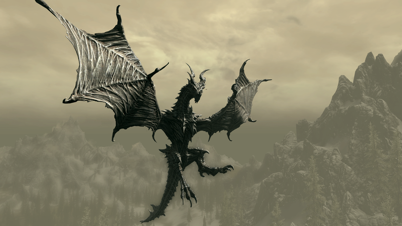 Alduin in the sky of skyrim.