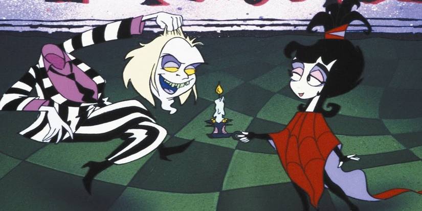 Beetlejuice cartoon cast promo with candles between two cast members. 