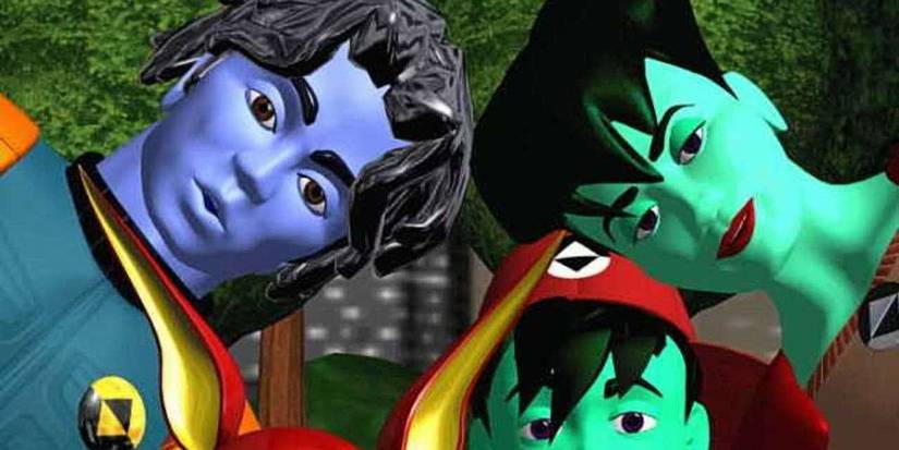 Reboot cartoon closeup of cast looking at camera in forest.