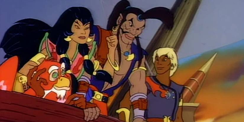 Pirates of Dark Water cartoon cast on a pirate ship.