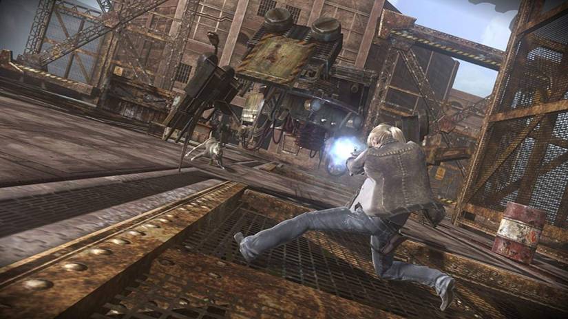 A character shooting at dogs and machines in Resonance of Fate.