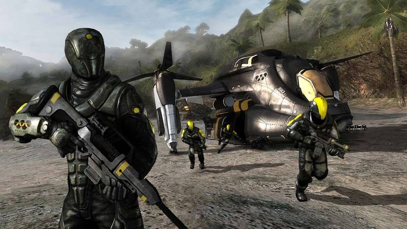 A bunch of soldiers run out of a helicopter in Haze.