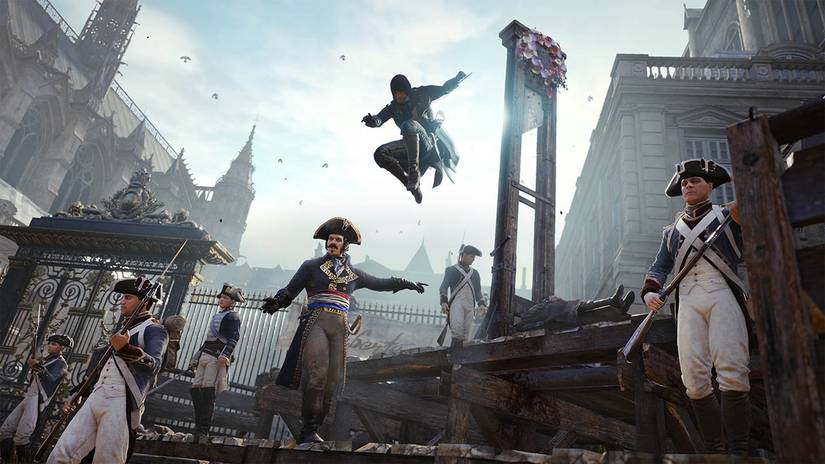 Arno jumping over a guard in Assassin's Creed Unity.