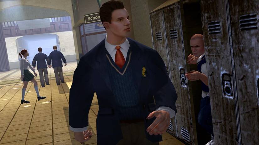 Jimmy Hopkins hiding in a locker, spying on a big student in Bully.