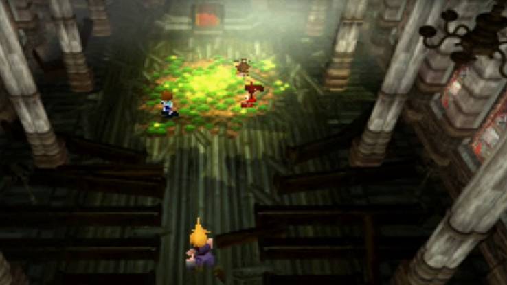 Cloud in the Midgar church with the ghost of Aerith and two children.