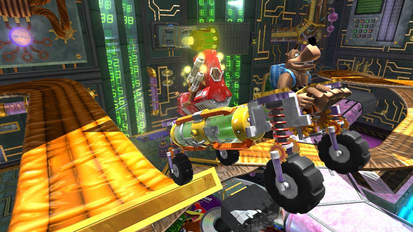 Banjo driving a vehicle up a ramp in Banjo Kazooie Nuts and Bolts.