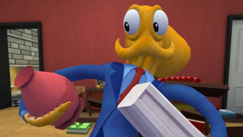 Octodaad: Octodad holding some items from Dadliest Catch.