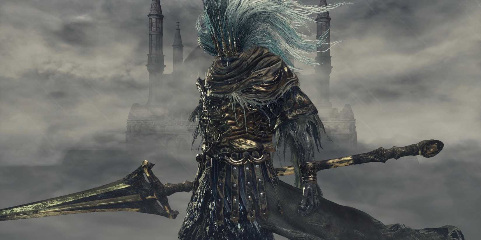 The Nameless King standing in the thick layer of fog and heavy rain in Dark Souls 3.