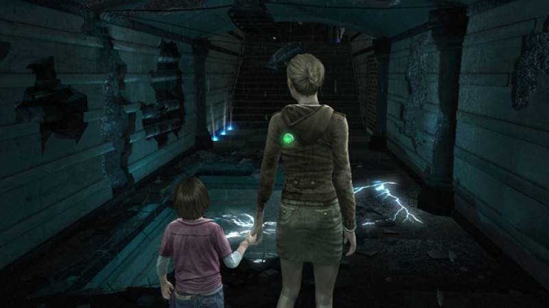 Lana escorting Amy through a dark hallway.